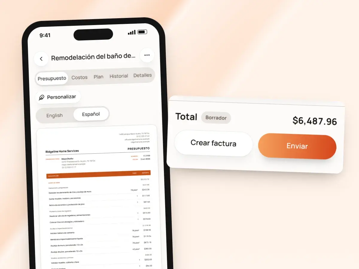 Un presupuesto en un teléfono con su total y el botón Enviar