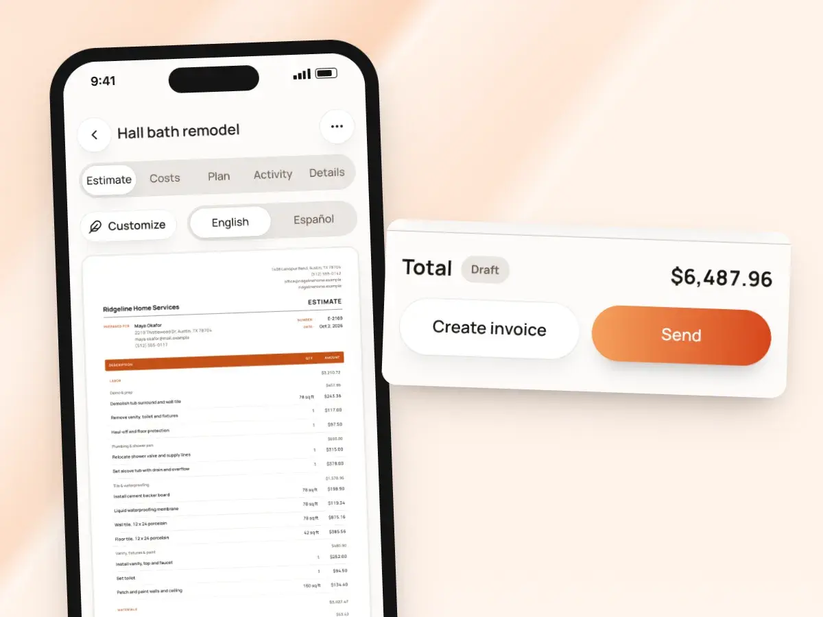 An estimate on a phone with its total and the Send button