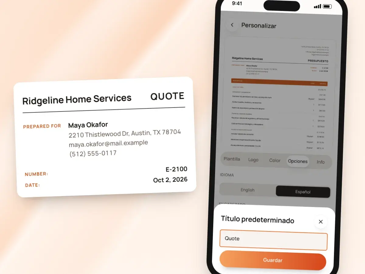 El título predeterminado cambiado a Quote en Personalizar, y el documento en inglés titulado QUOTE