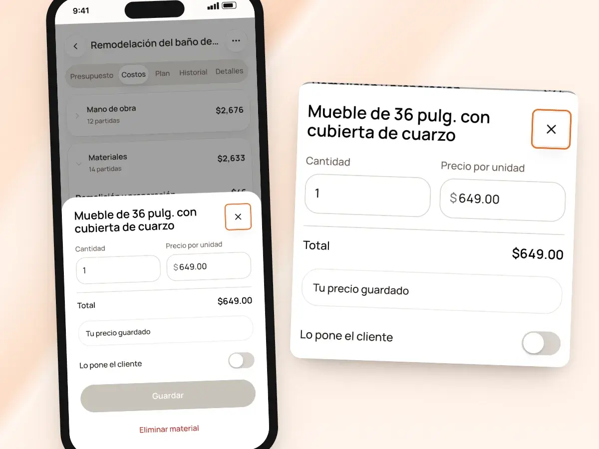 La hoja de un material en un teléfono con el precio guardado del contratista para un mueble de 36 pulgadas