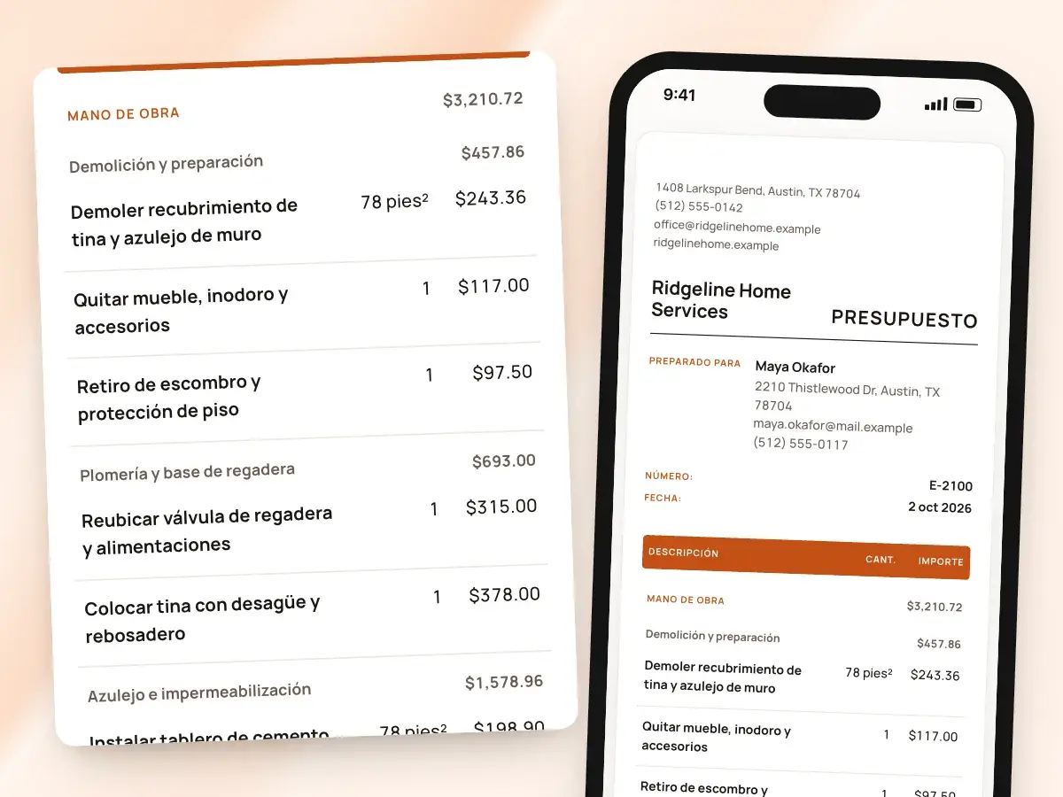 El presupuesto como lo lee el cliente en un teléfono, con sus partidas agrupadas por etapa