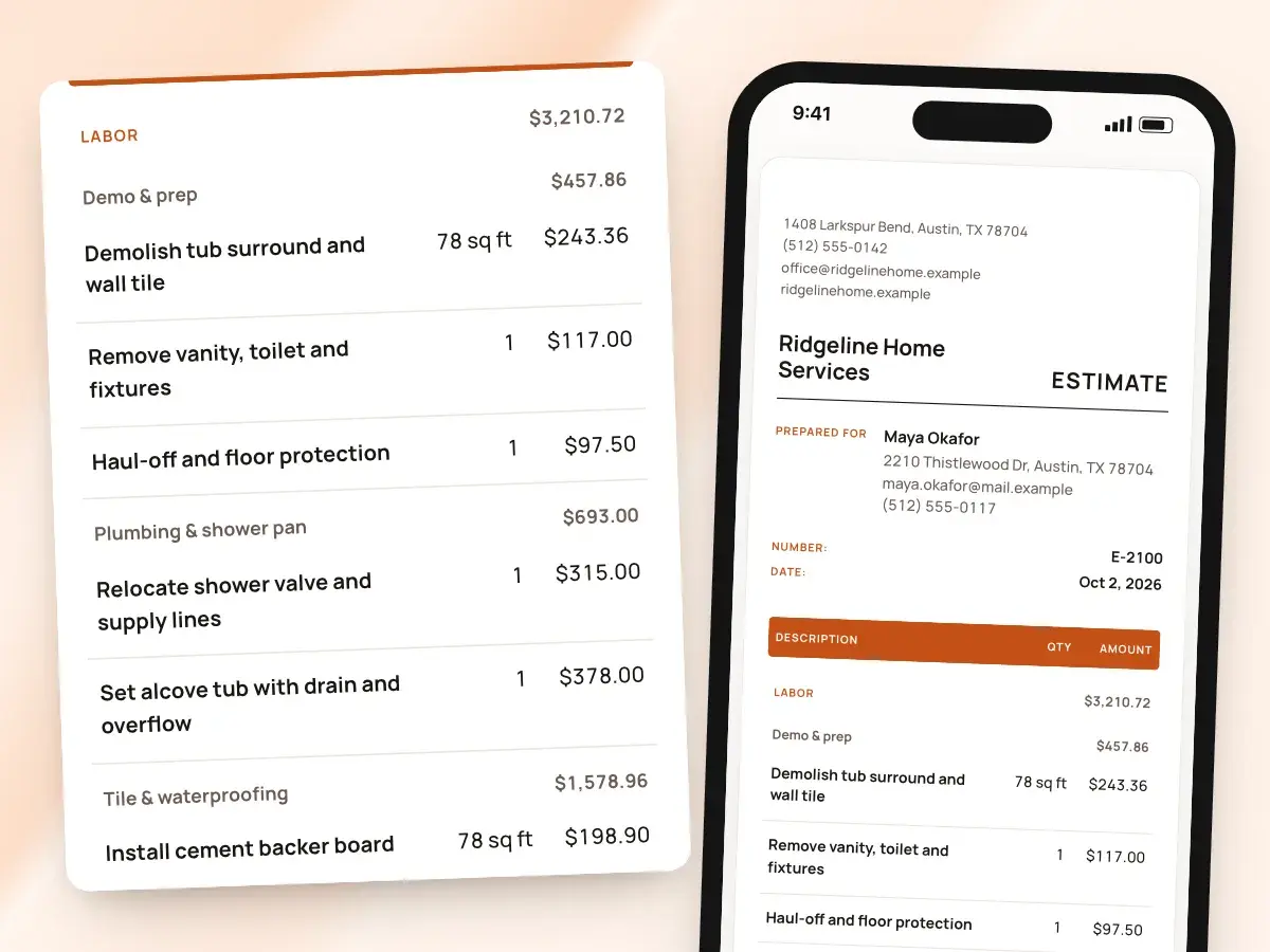 The estimate as the client reads it on a phone, with its lines grouped by job step
