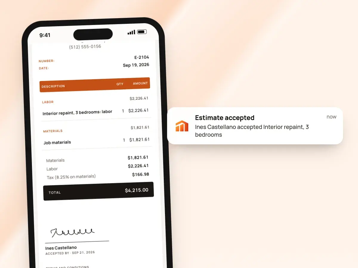 The client’s signed estimate on a phone and an Estimate accepted notification