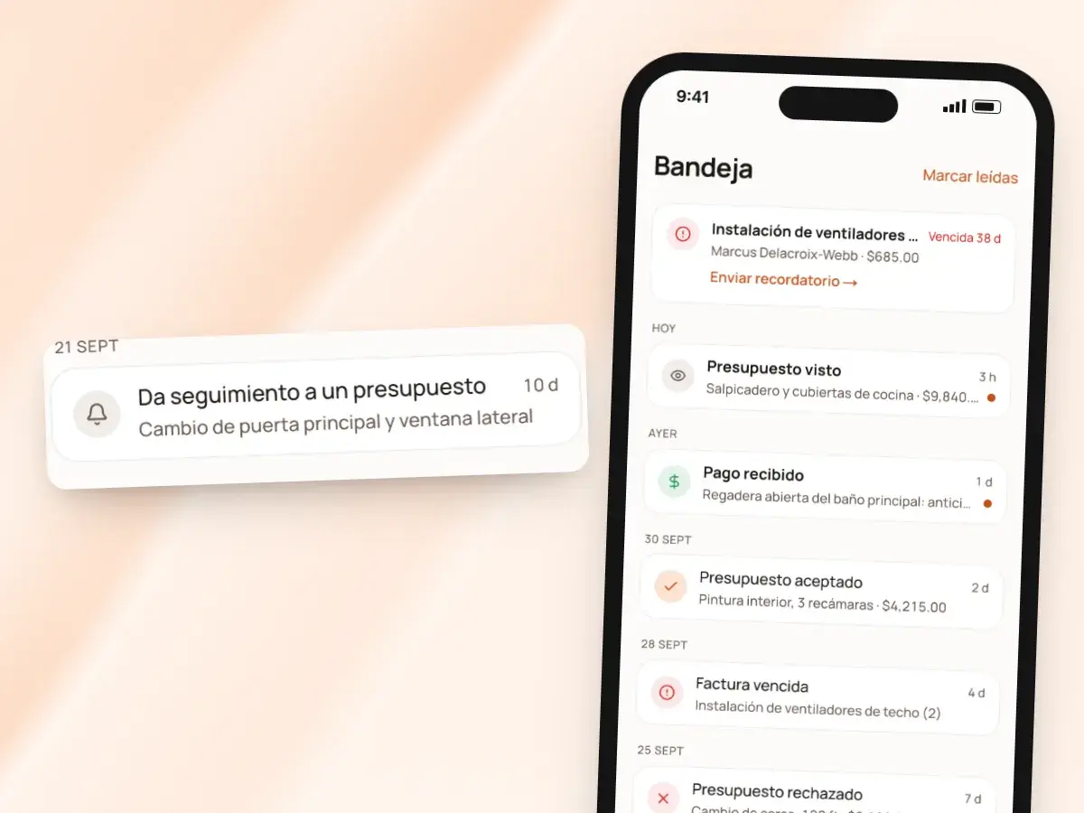 La bandeja en un teléfono con un recordatorio para dar seguimiento a un presupuesto que el cliente no ha abierto