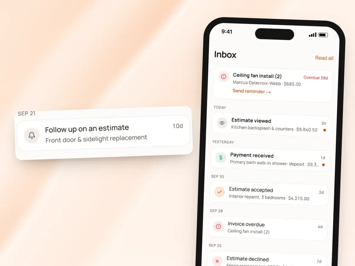 The inbox on a phone with a reminder to follow up on an estimate the client hasn’t opened