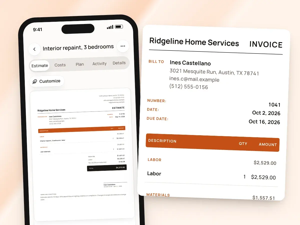 An accepted estimate on a phone and the invoice made from it