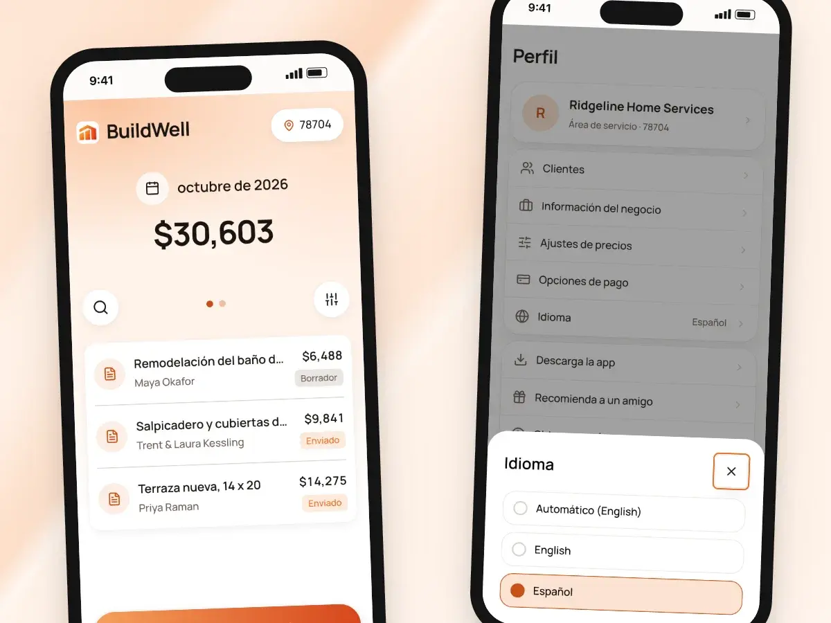 The app in Spanish on a phone, and the Language setting with Español chosen