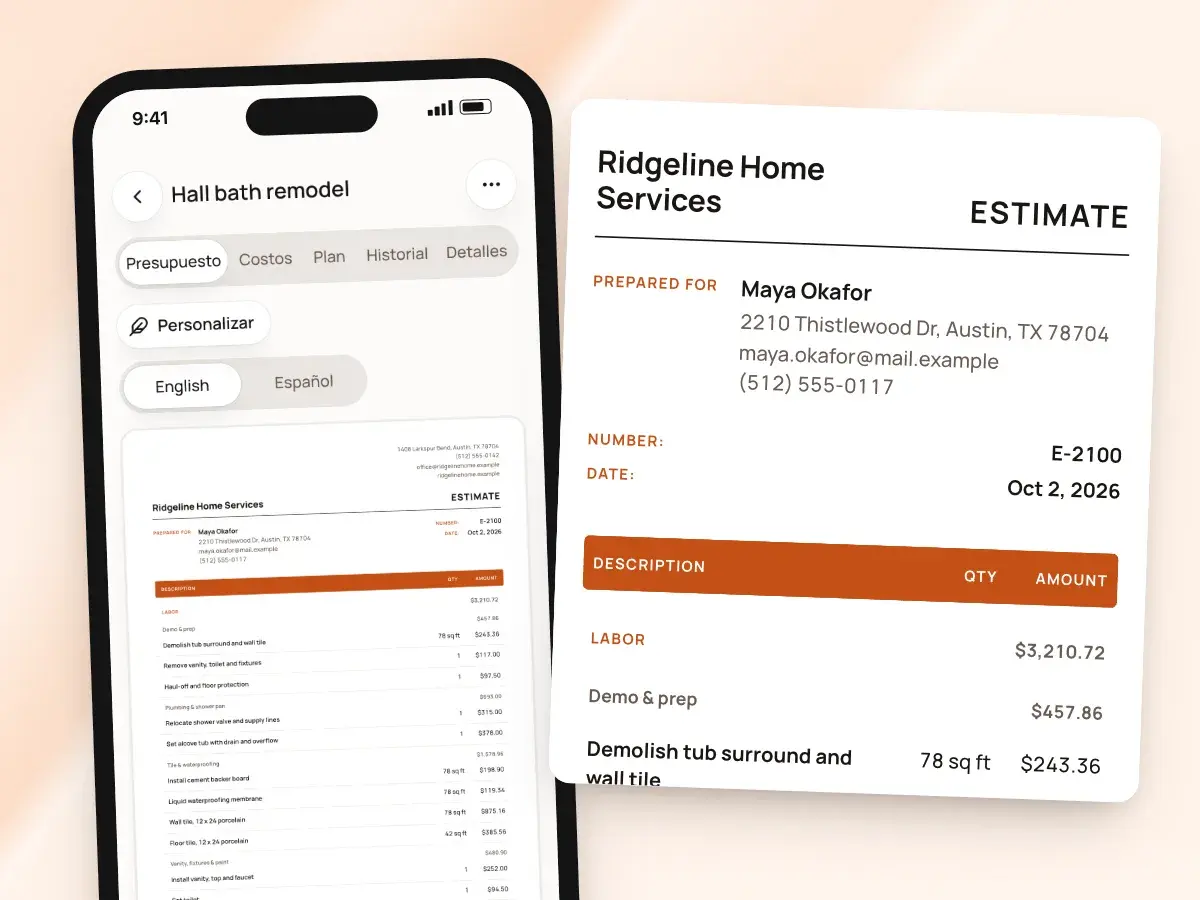 La app en español con el presupuesto cambiado a English, y el presupuesto en inglés