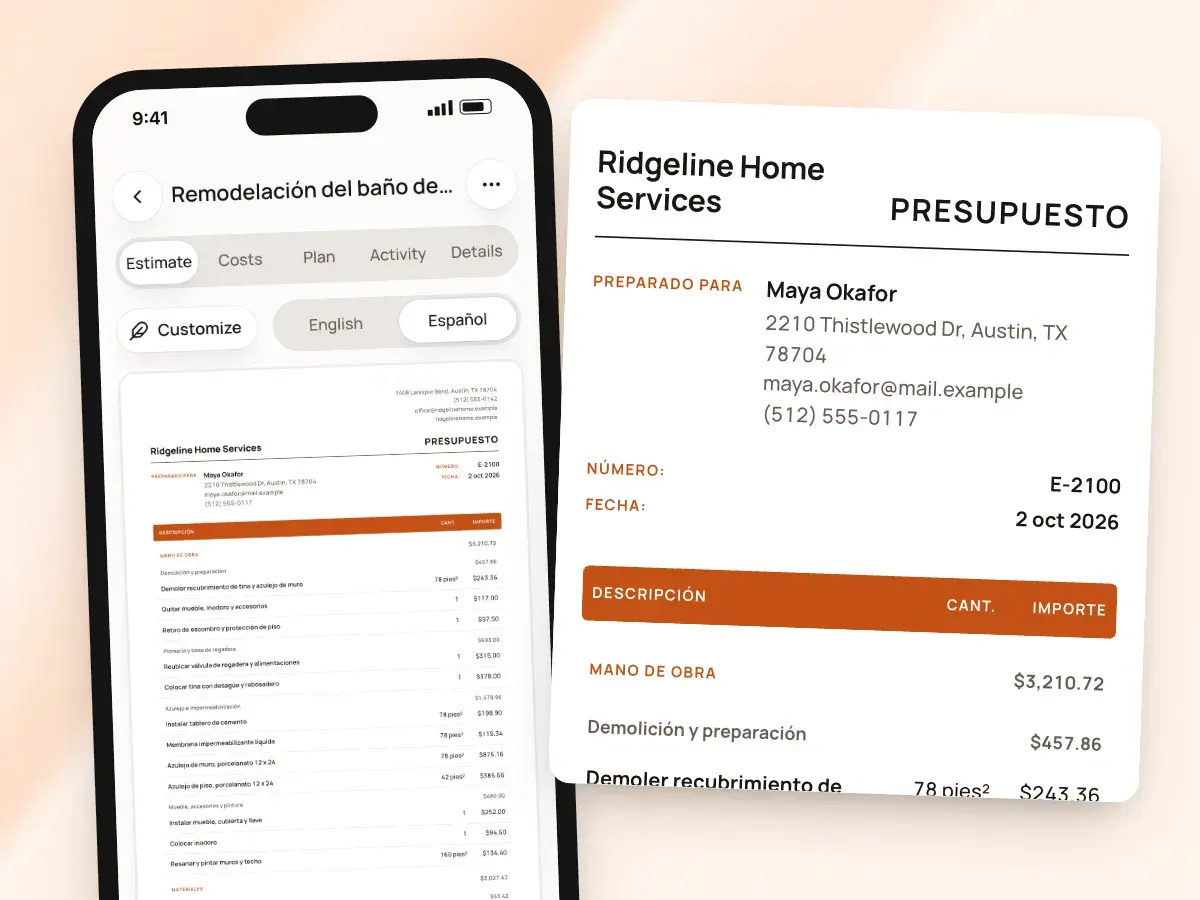 The app in English with the estimate switched to Español, and the estimate in Spanish
