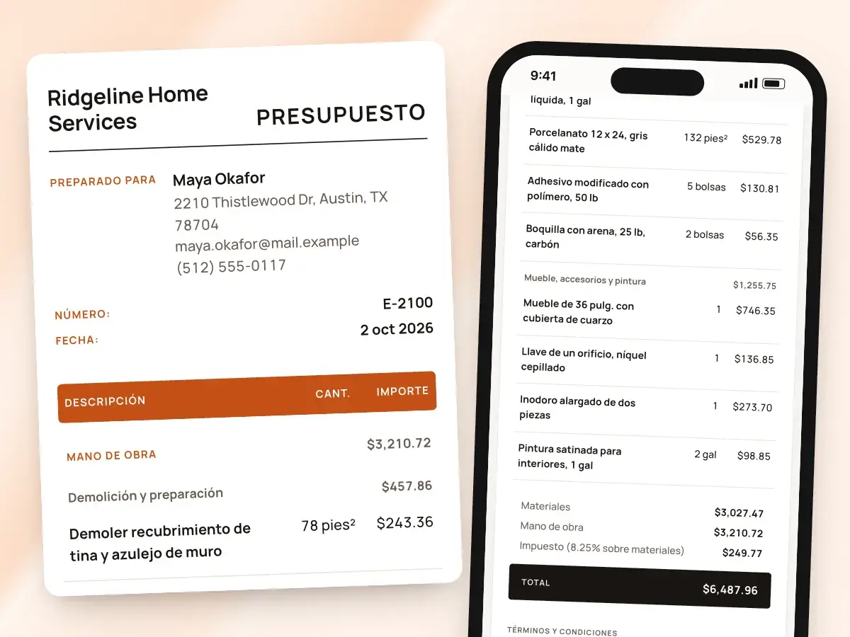 An estimate in Spanish from top to bottom: the header, the lines and the totals