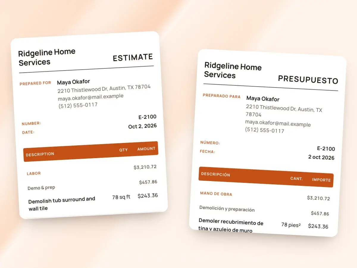 The same estimate in English and in Spanish, with the same business and design