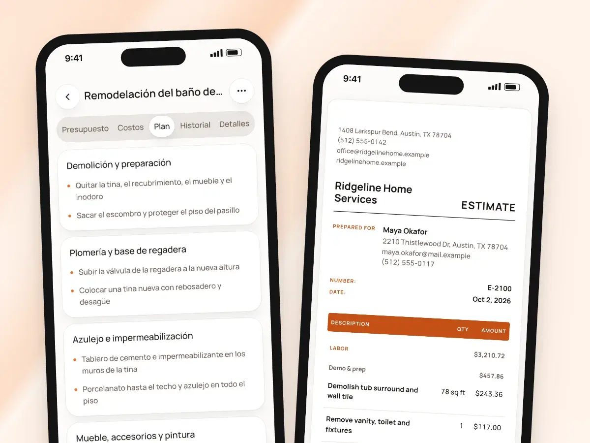 The app in Spanish showing the plan of the work, and the estimate in English on the client’s phone
