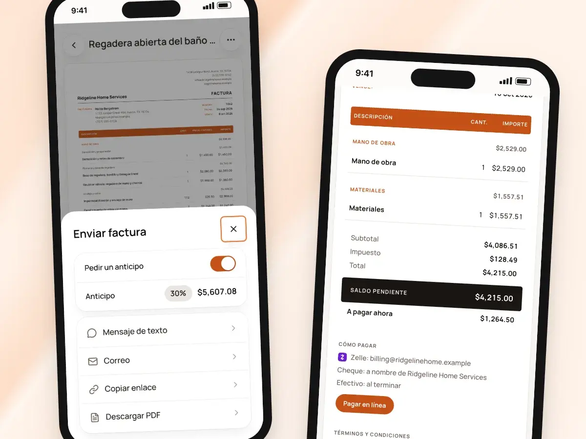 Sending an invoice in Spanish with a deposit, and the client’s invoice page in Spanish