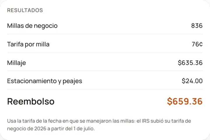 Resultados: Calculadora de reembolso de millaje
