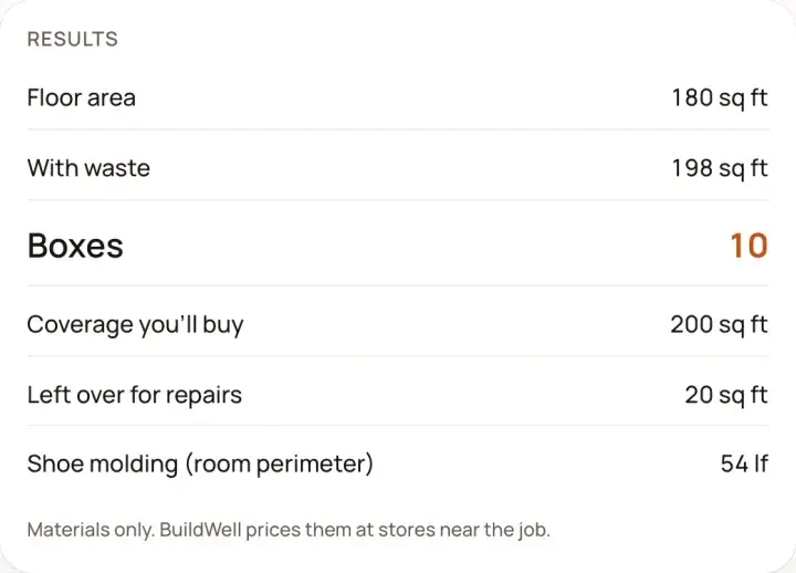 The flooring calculator's results