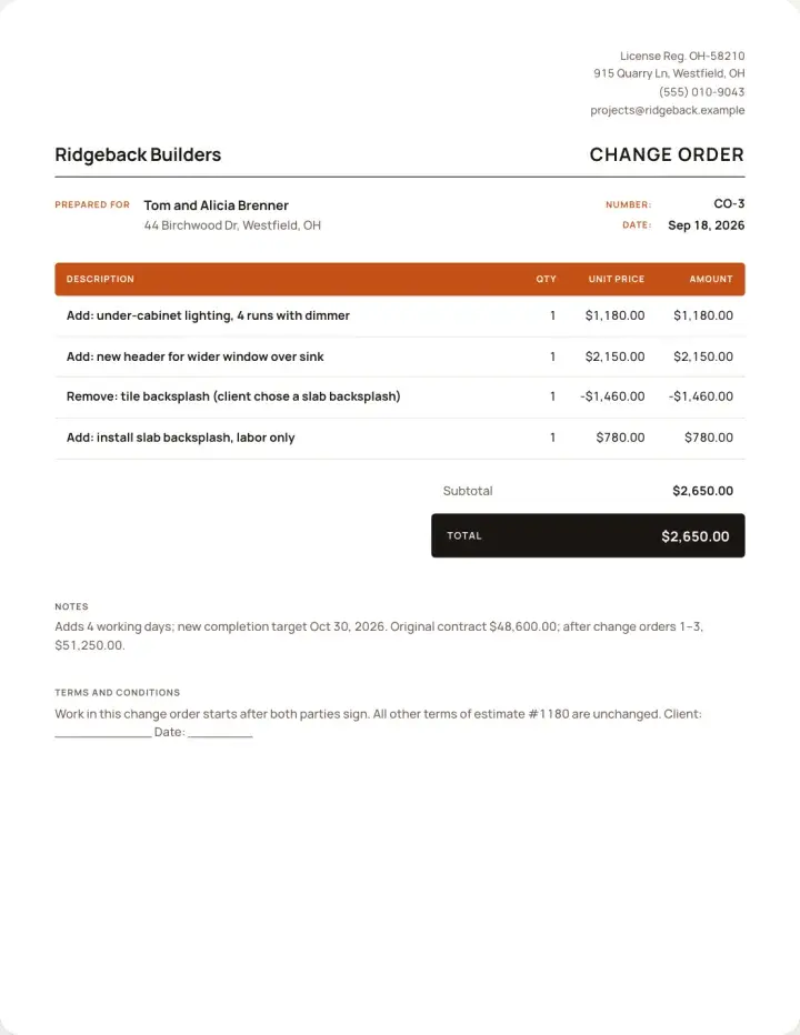 An example change order