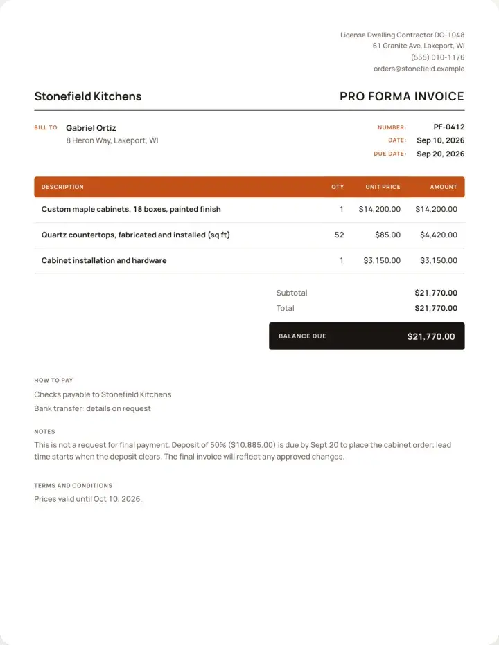 An example pro forma invoice