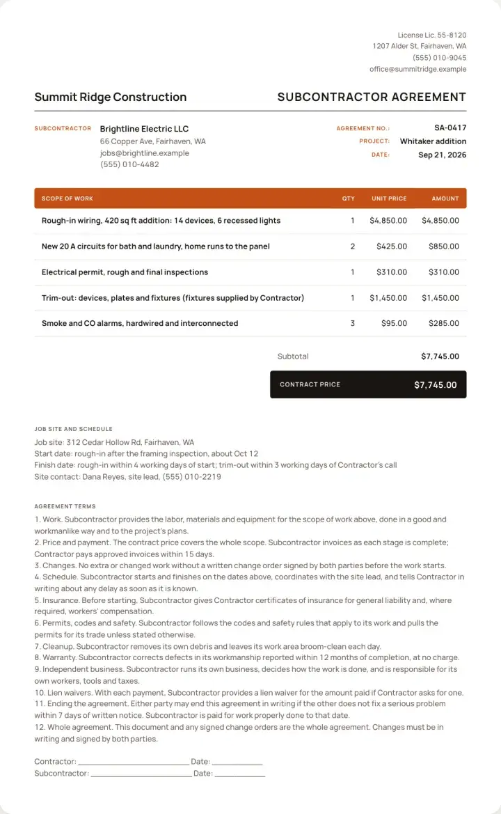 An example subcontractor agreement