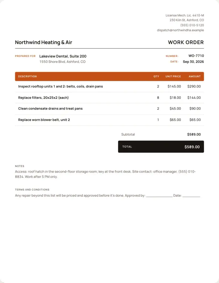 An example work order
