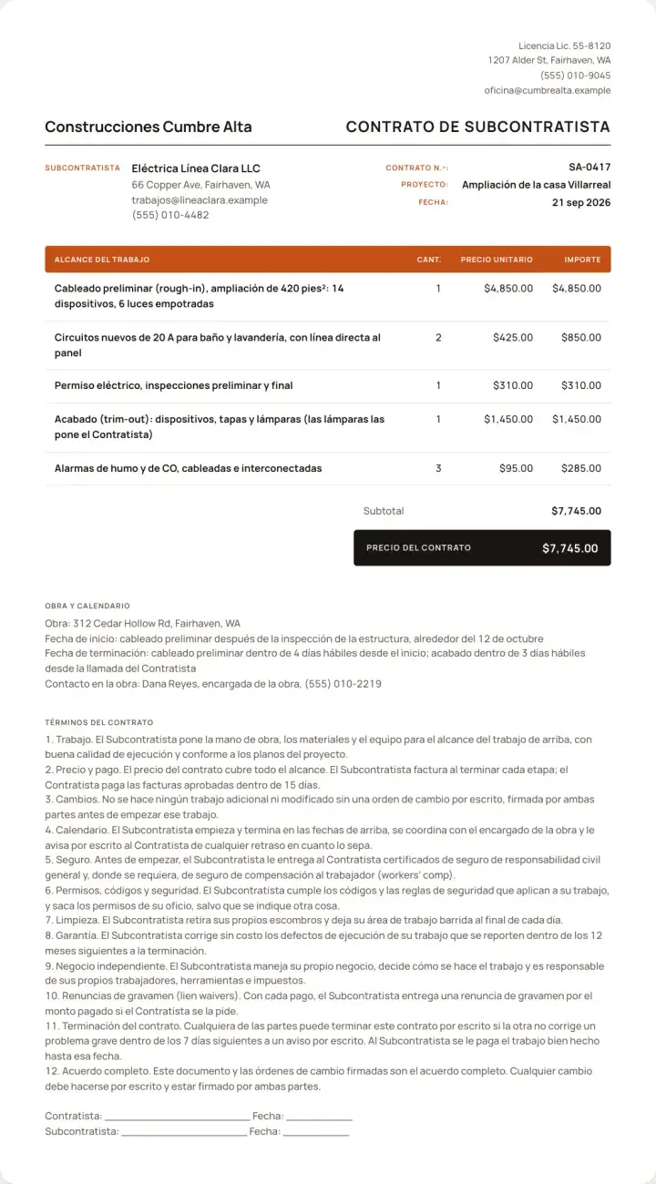 Ejemplo: contrato de subcontratista