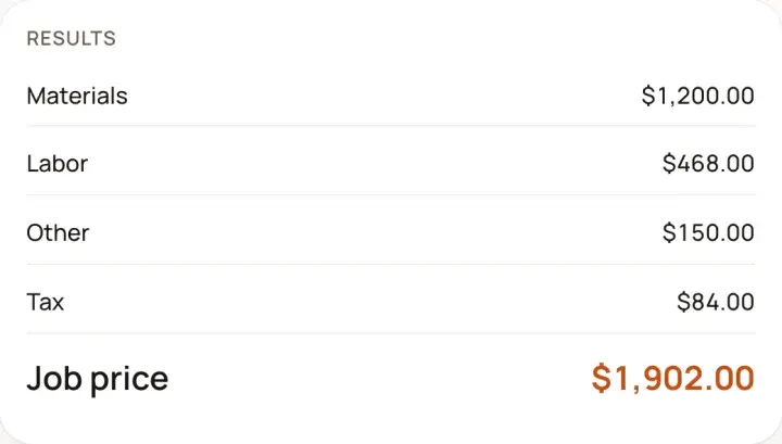 The job cost calculator's results