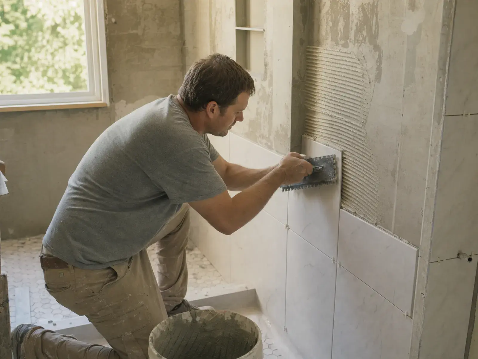 Un remodelador colocando azulejos blancos grandes en la regadera de un baño en obra