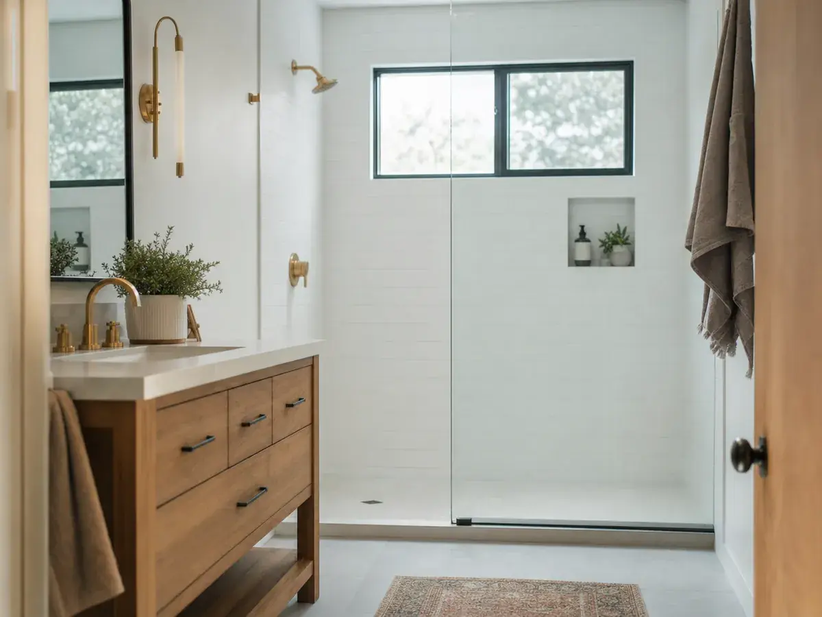 Un baño terminado con regadera de azulejo, panel de vidrio y mueble de madera