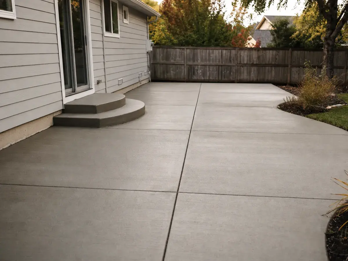 Un patio de concreto terminado con juntas de control detrás de una casa