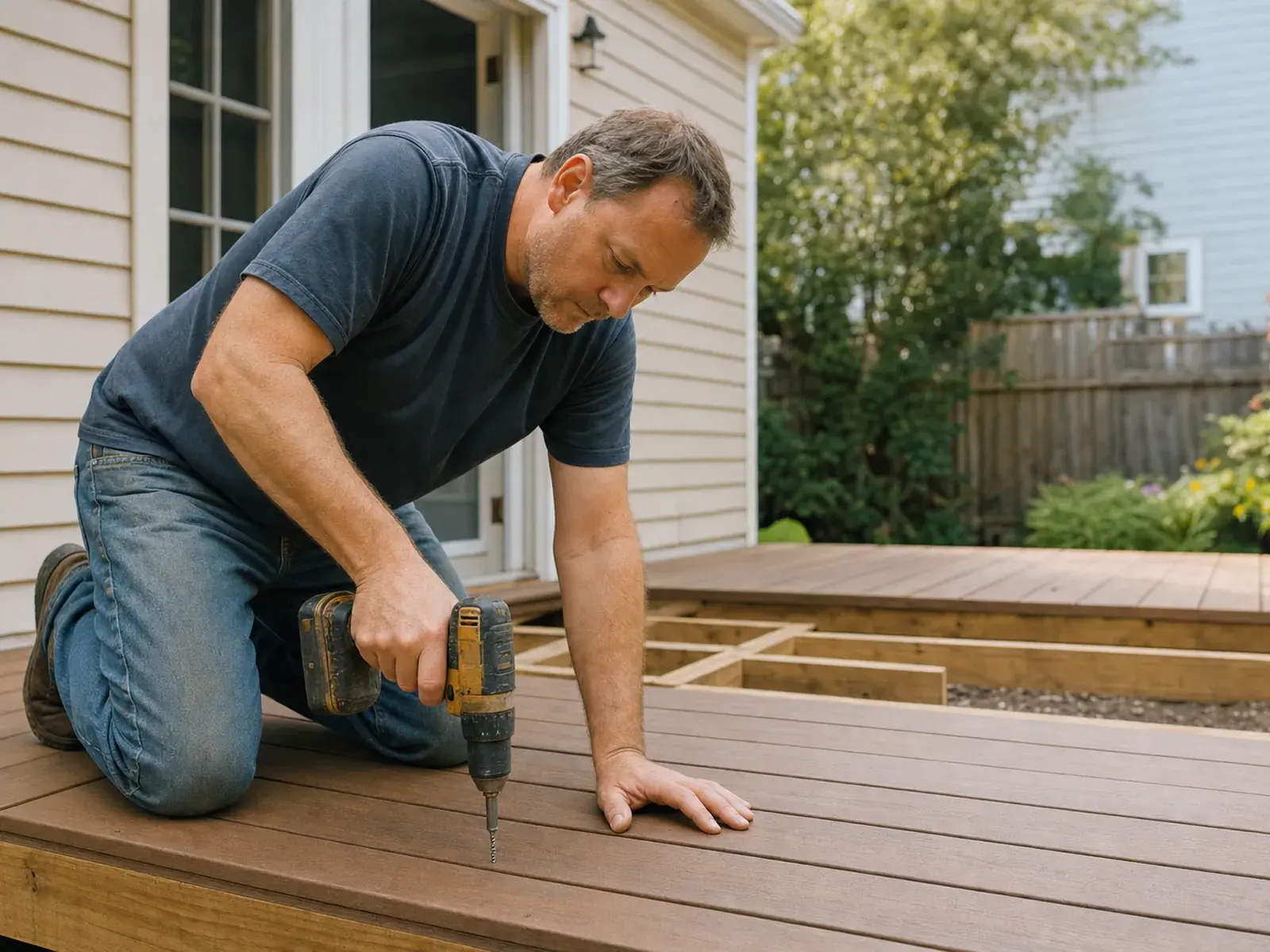 Un constructor de decks atornillando tablas nuevas con un taladro inalámbrico