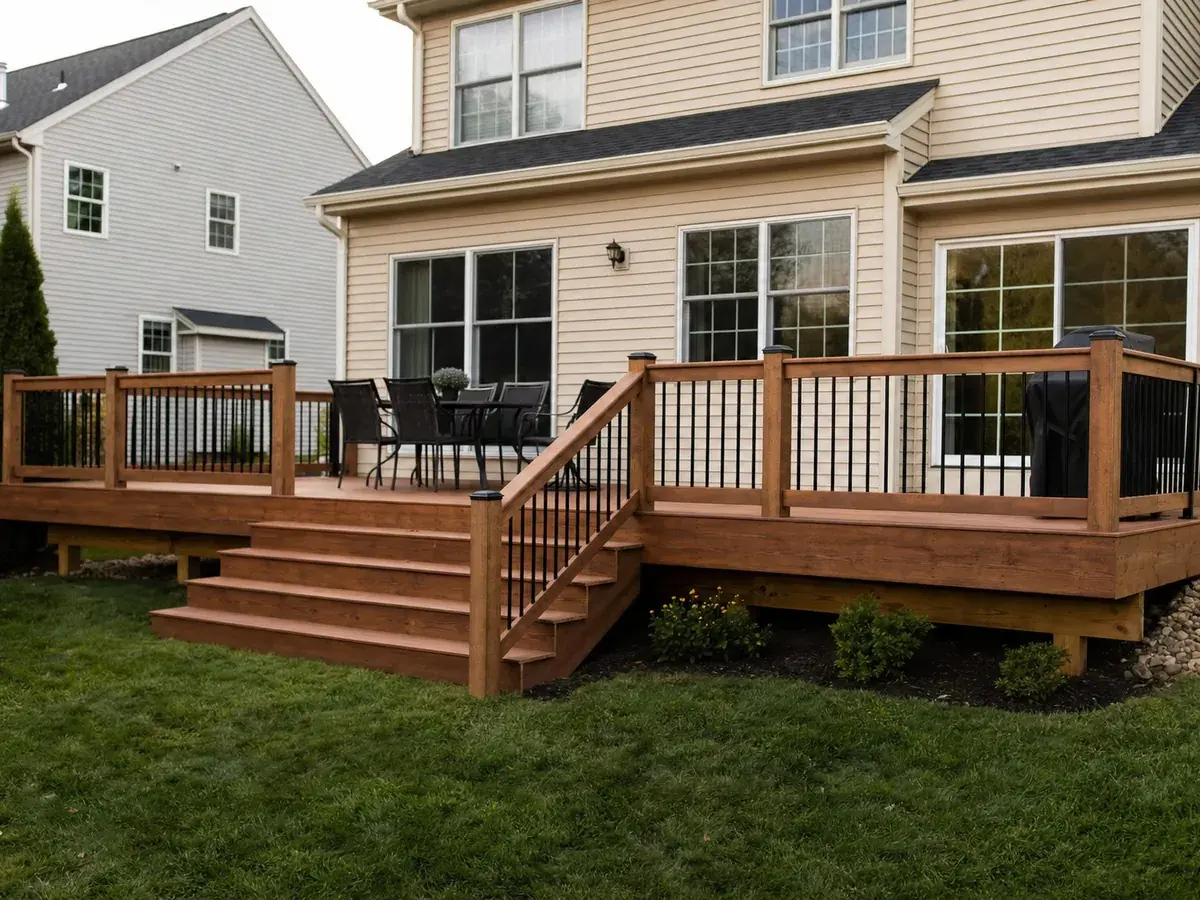 Un deck de madera terminado con barandal y escalones