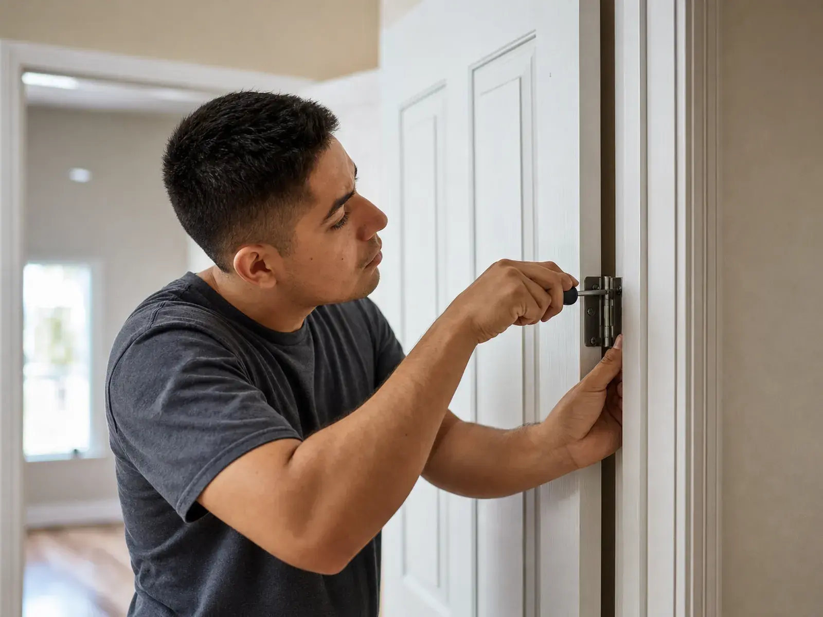 Un handyman ajustando la bisagra de una puerta que se atora