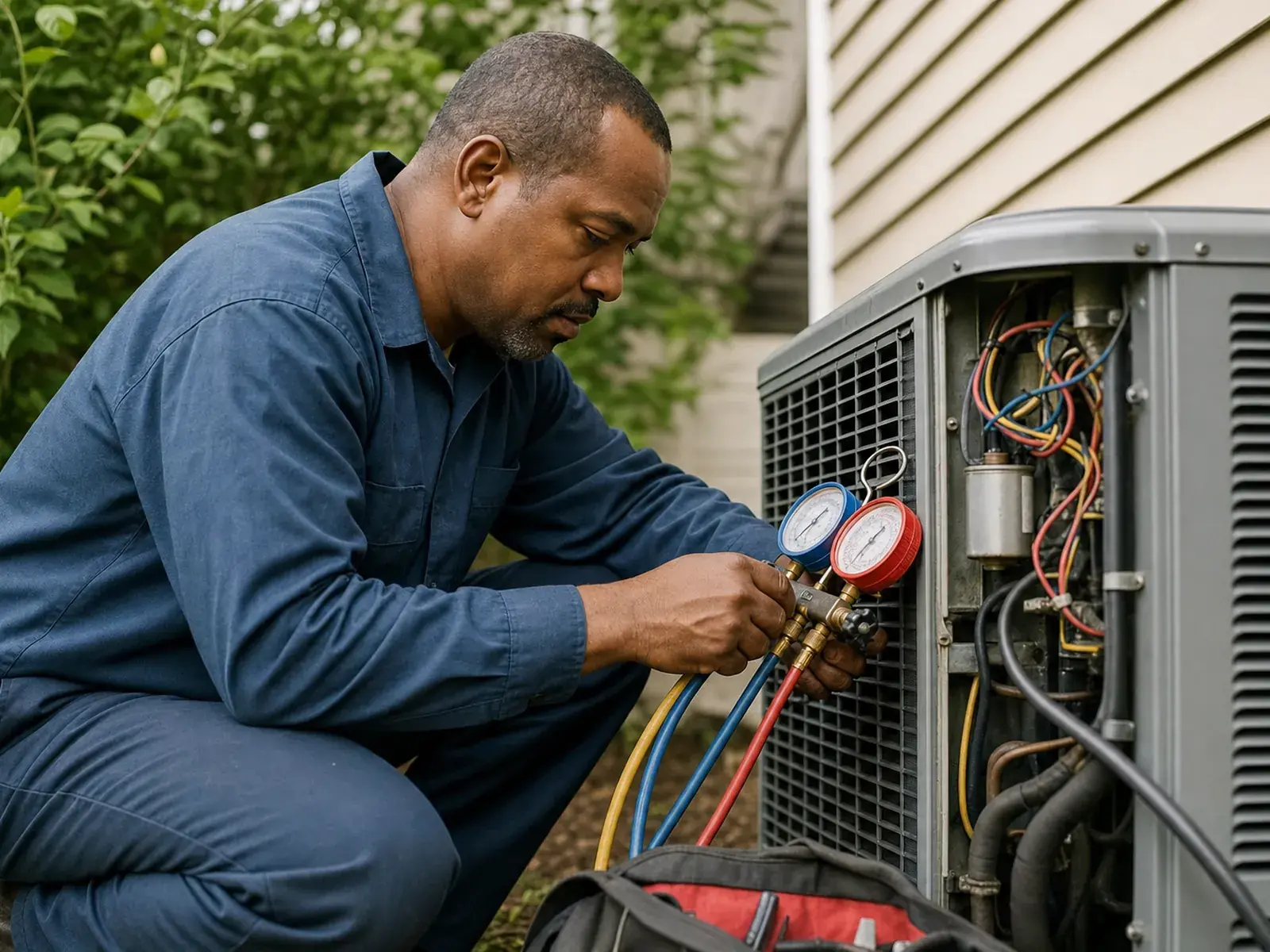 Un técnico de HVAC revisando la unidad exterior de aire acondicionado con manómetros