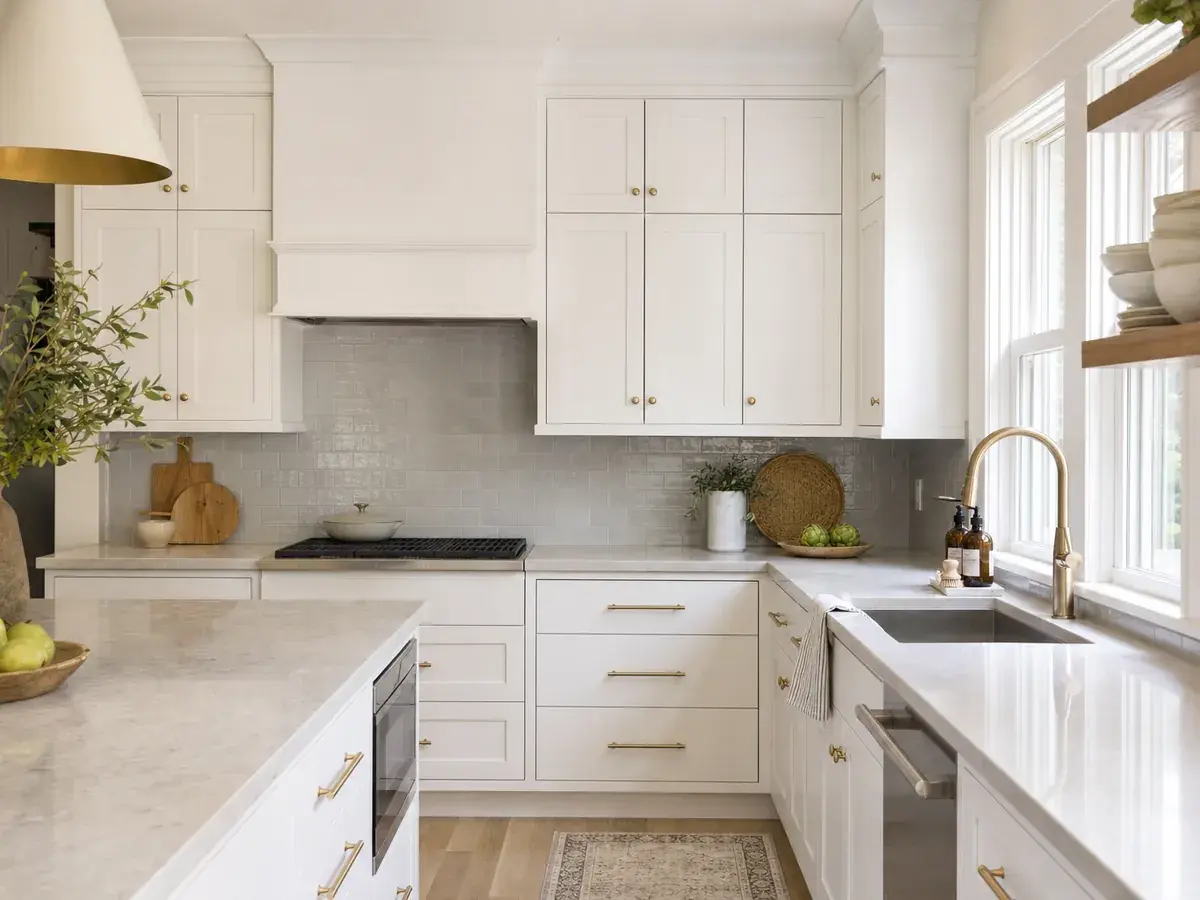 Una cocina terminada con gabinetes blancos, cubiertas de cuarzo y azulejo