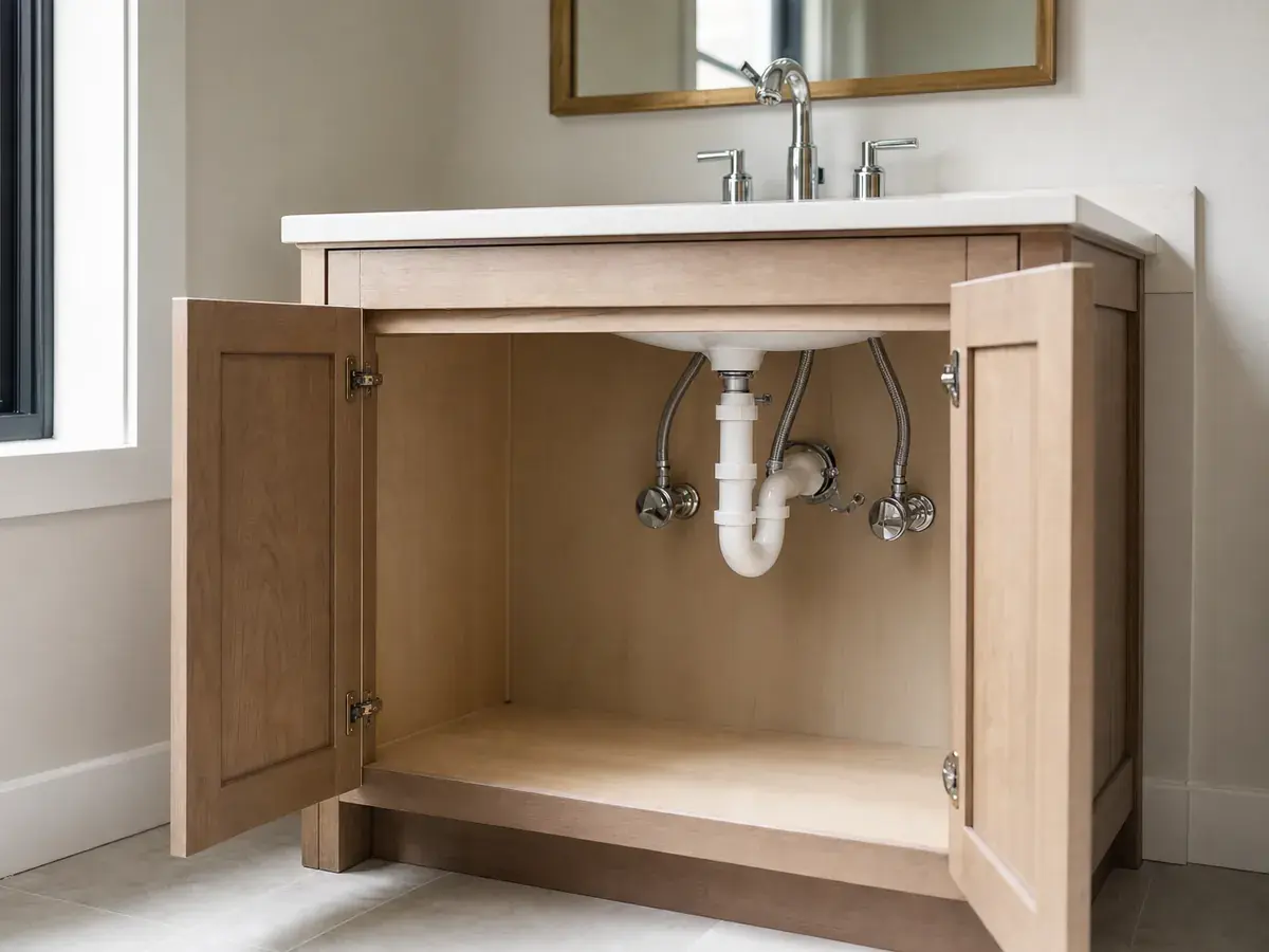 Un mueble de baño nuevo con llave cromada y plomería ordenada