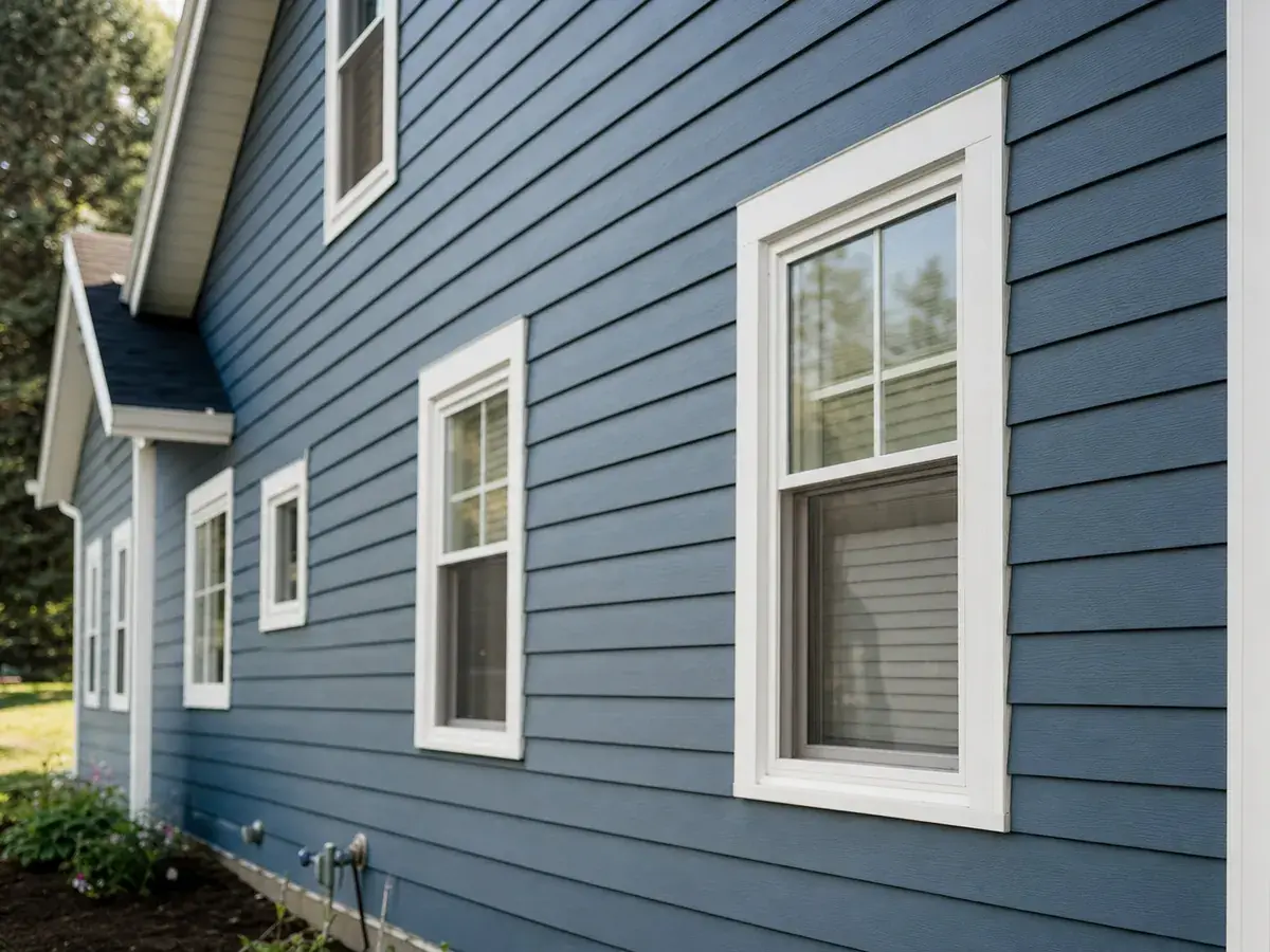Una casa con siding nuevo gris azulado y molduras blancas