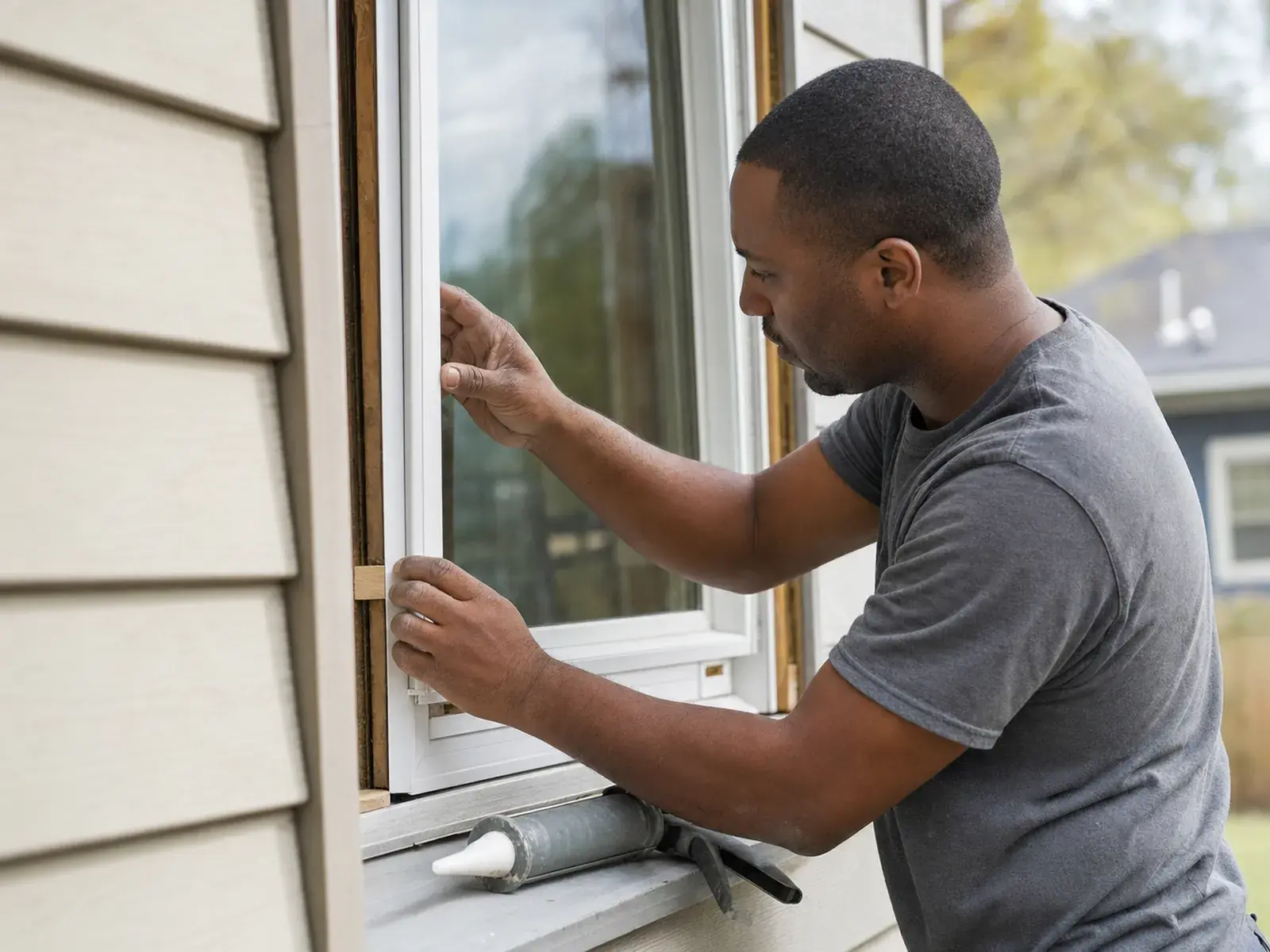 Un instalador calzando y nivelando una ventana nueva en el vano