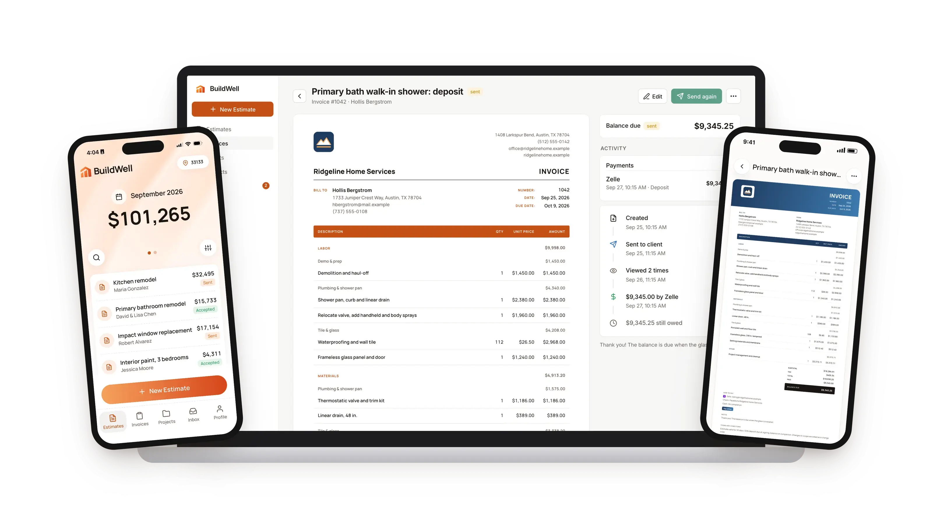 BuildWell on a laptop showing a branded invoice and its payments, the estimates home screen on one phone and an invoice in a different style on another
