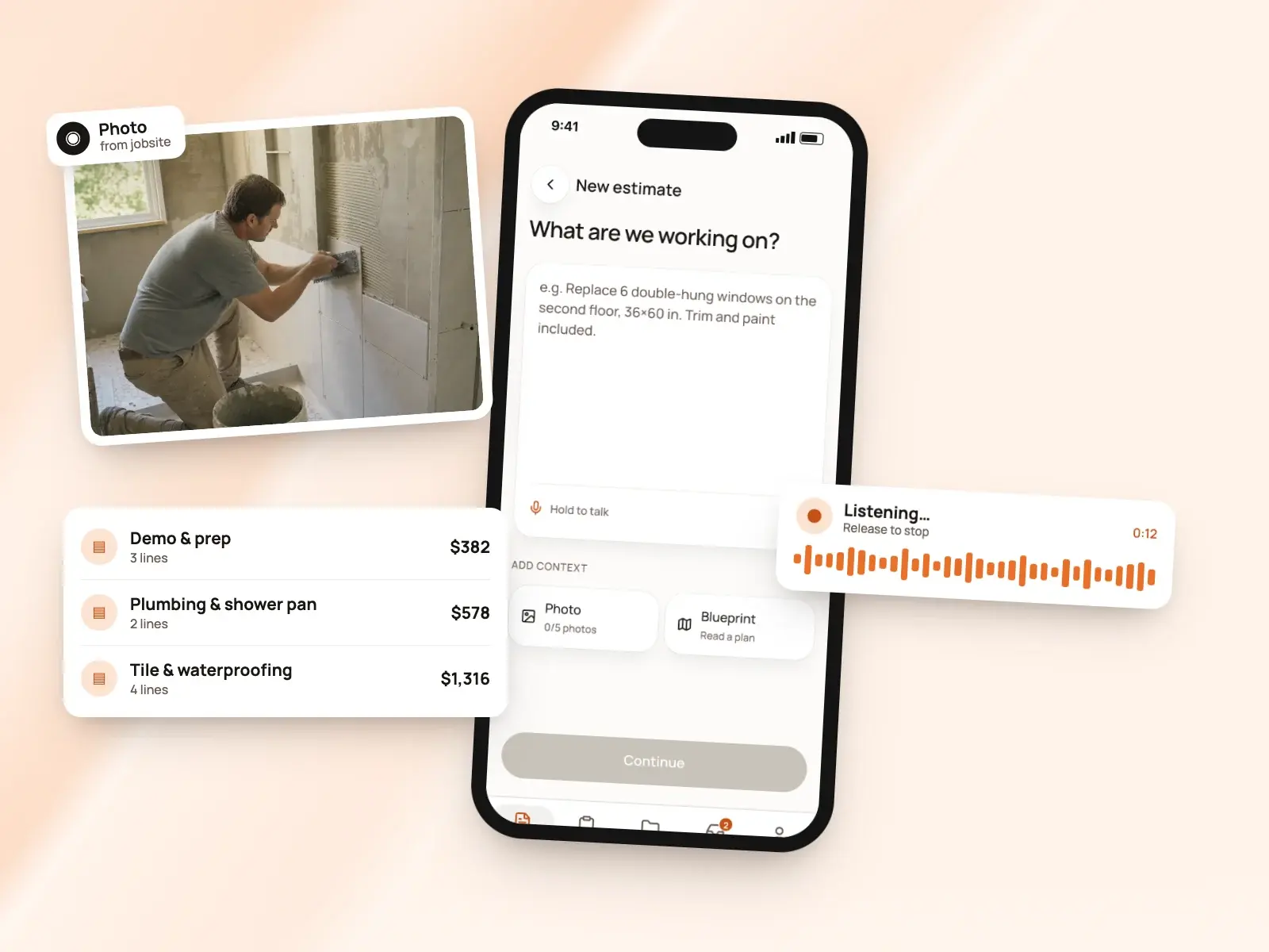 Describing a job by voice in BuildWell, with a jobsite photo and the priced work groups