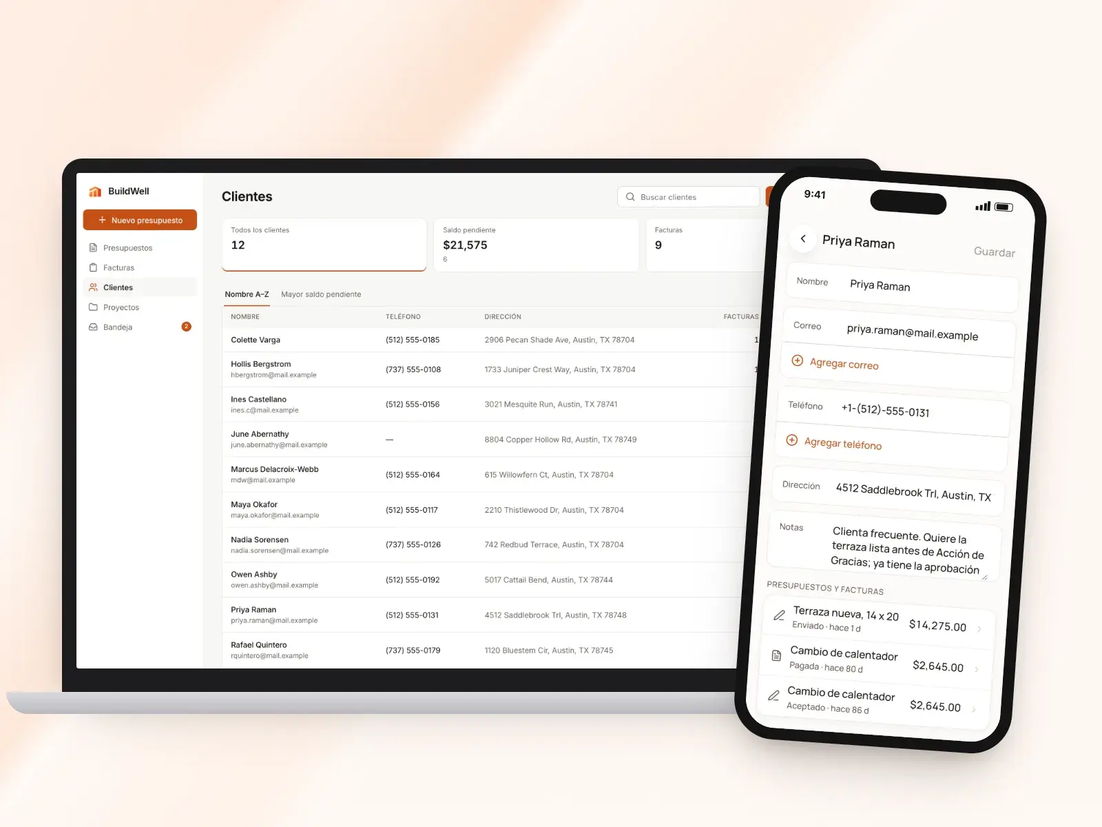 La lista de clientes en la app web de BuildWell y los datos de un cliente en un teléfono