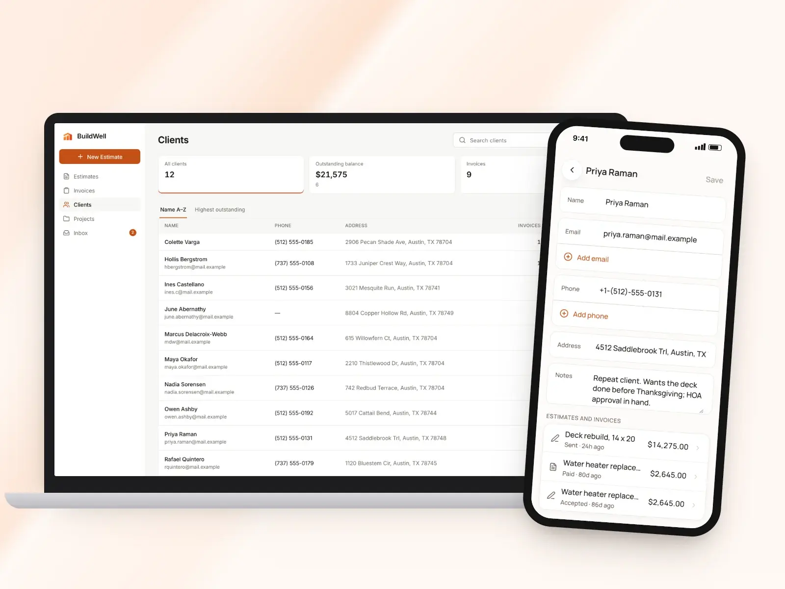 The client list in the BuildWell web app and a client's details on a phone