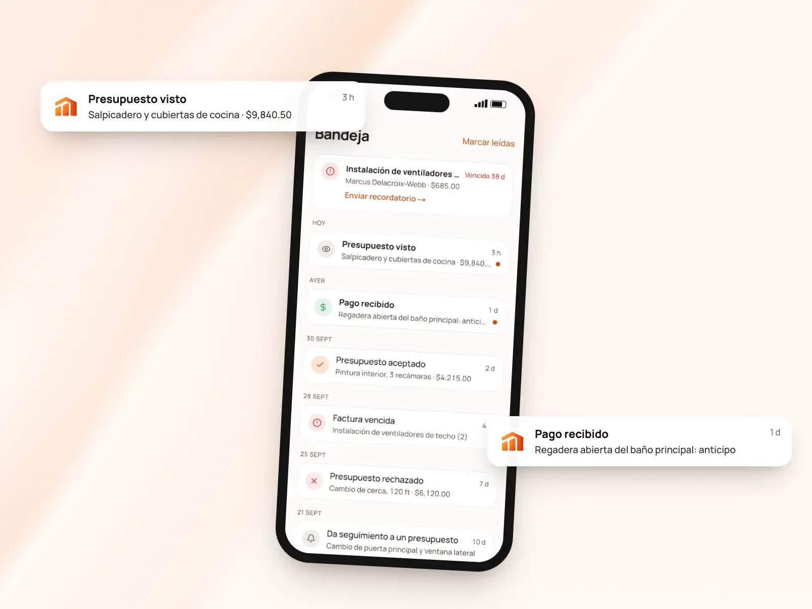 La bandeja de BuildWell mostrando cuándo los clientes ven presupuestos y pagan