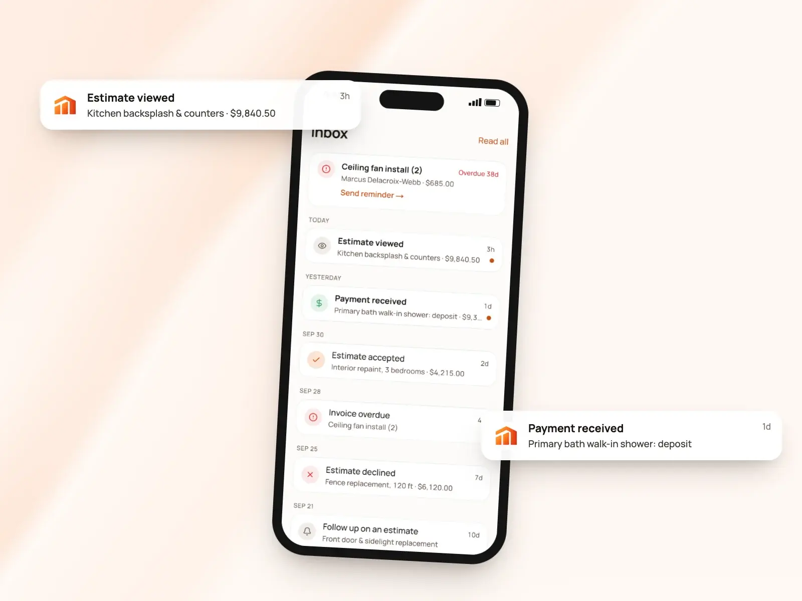 The BuildWell inbox showing when clients view estimates and pay