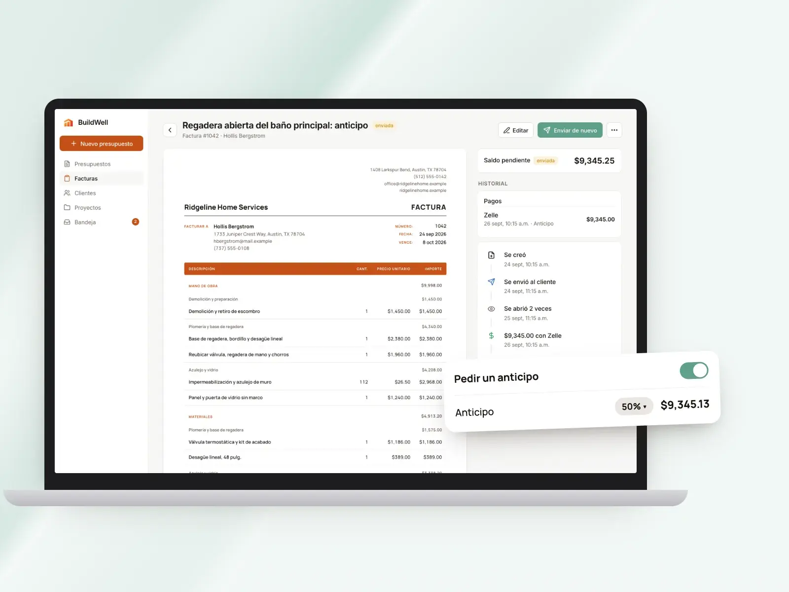 Una factura de anticipo en la app web de BuildWell con la opción "Pedir un anticipo" en 50%