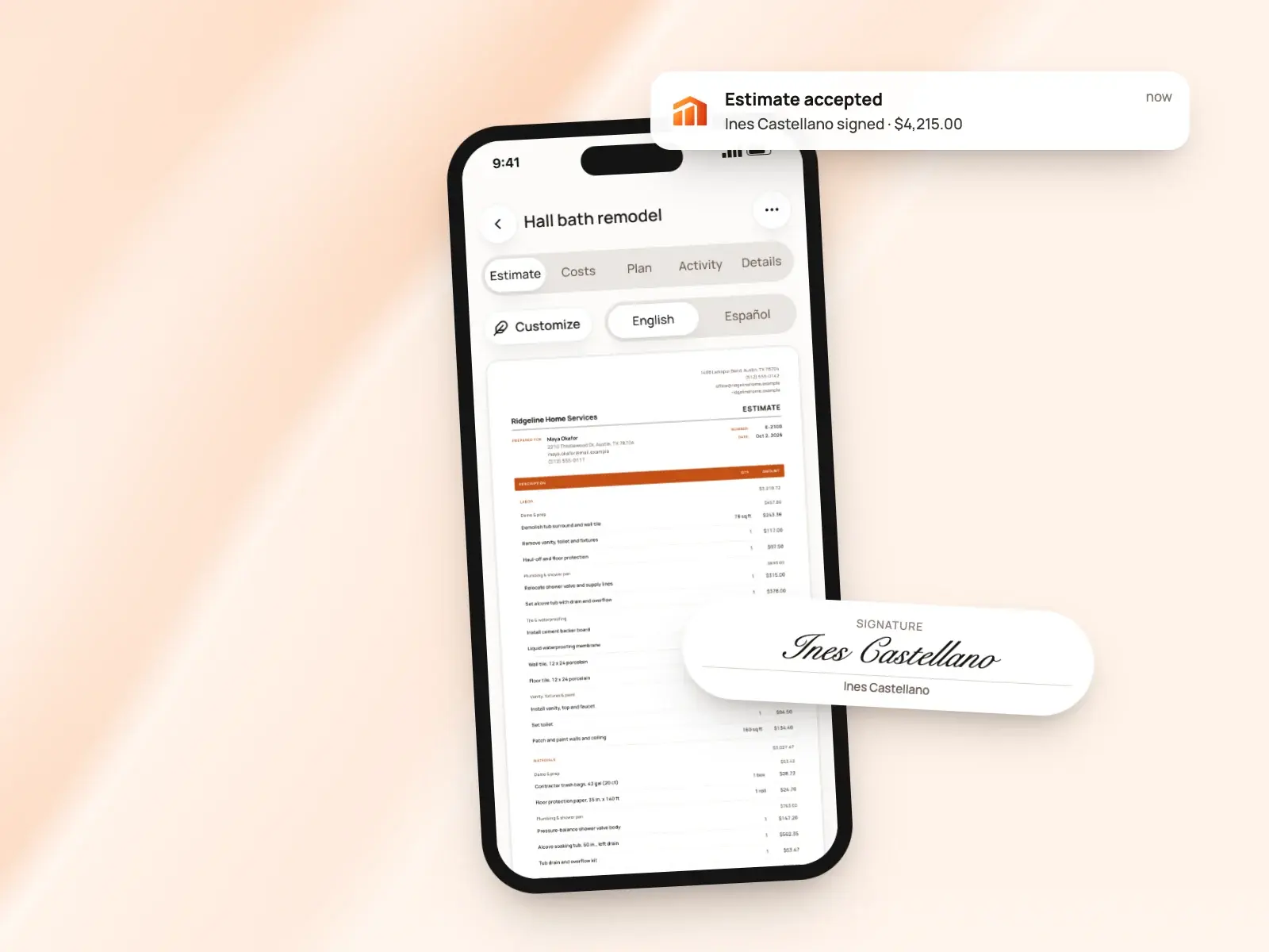 An estimate on a phone with the client's signature and an "Estimate accepted" notification