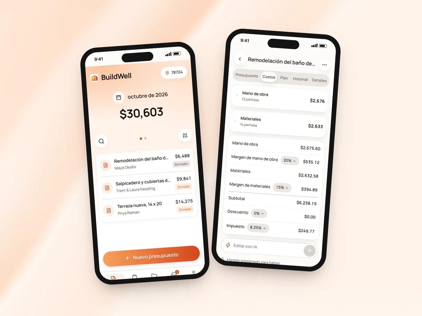 La app de BuildWell: la lista de presupuestos y los costos de un presupuesto con márgenes e impuesto