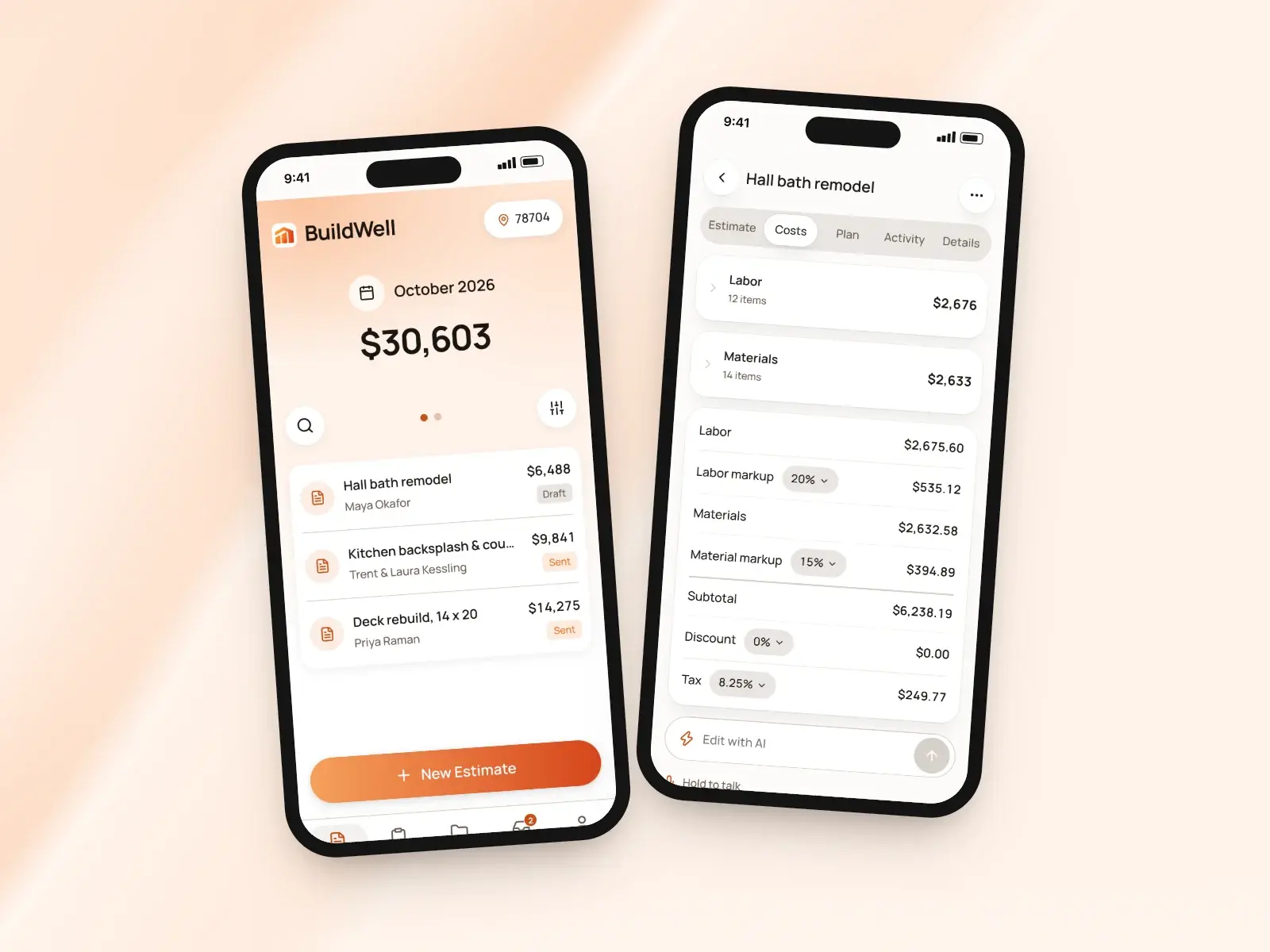 The BuildWell phone app: the estimates list and an estimate's costs with markups and tax