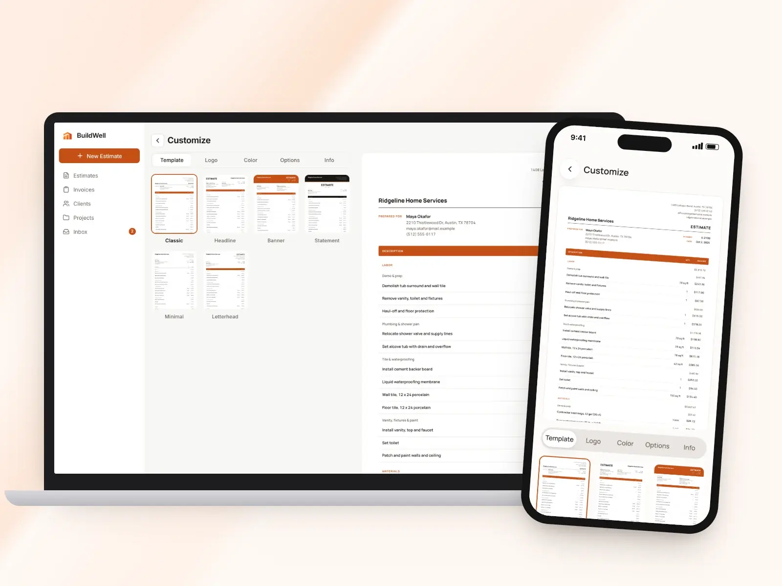 Customizing the estimate design in the BuildWell web app and phone app