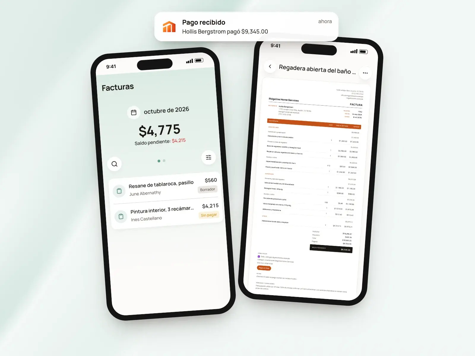 La app de BuildWell: la lista de facturas y una factura, con un aviso de "Pago recibido"