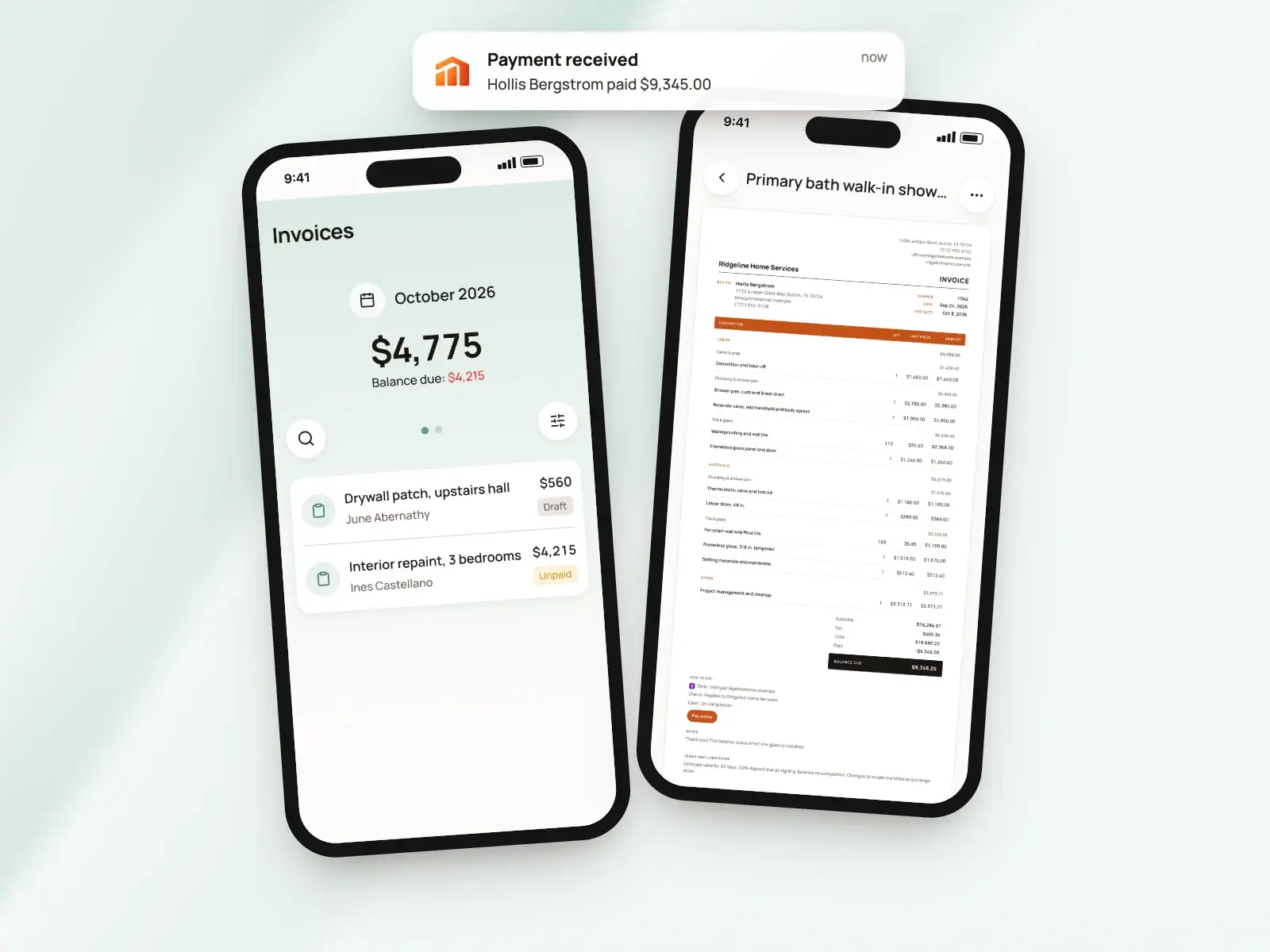 The BuildWell phone app: the invoices list and an invoice, with a "Payment received" notification