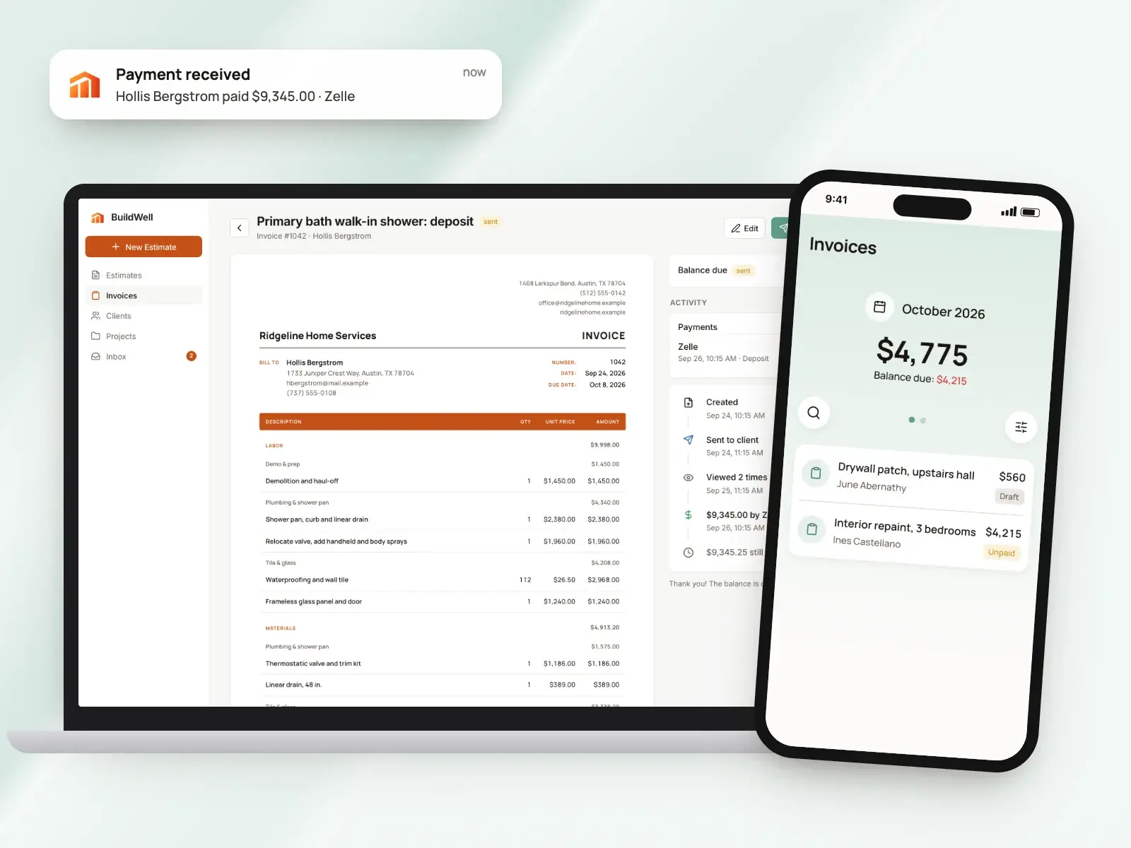 A BuildWell invoice on a laptop, the invoices list on a phone and a "Payment received" notification